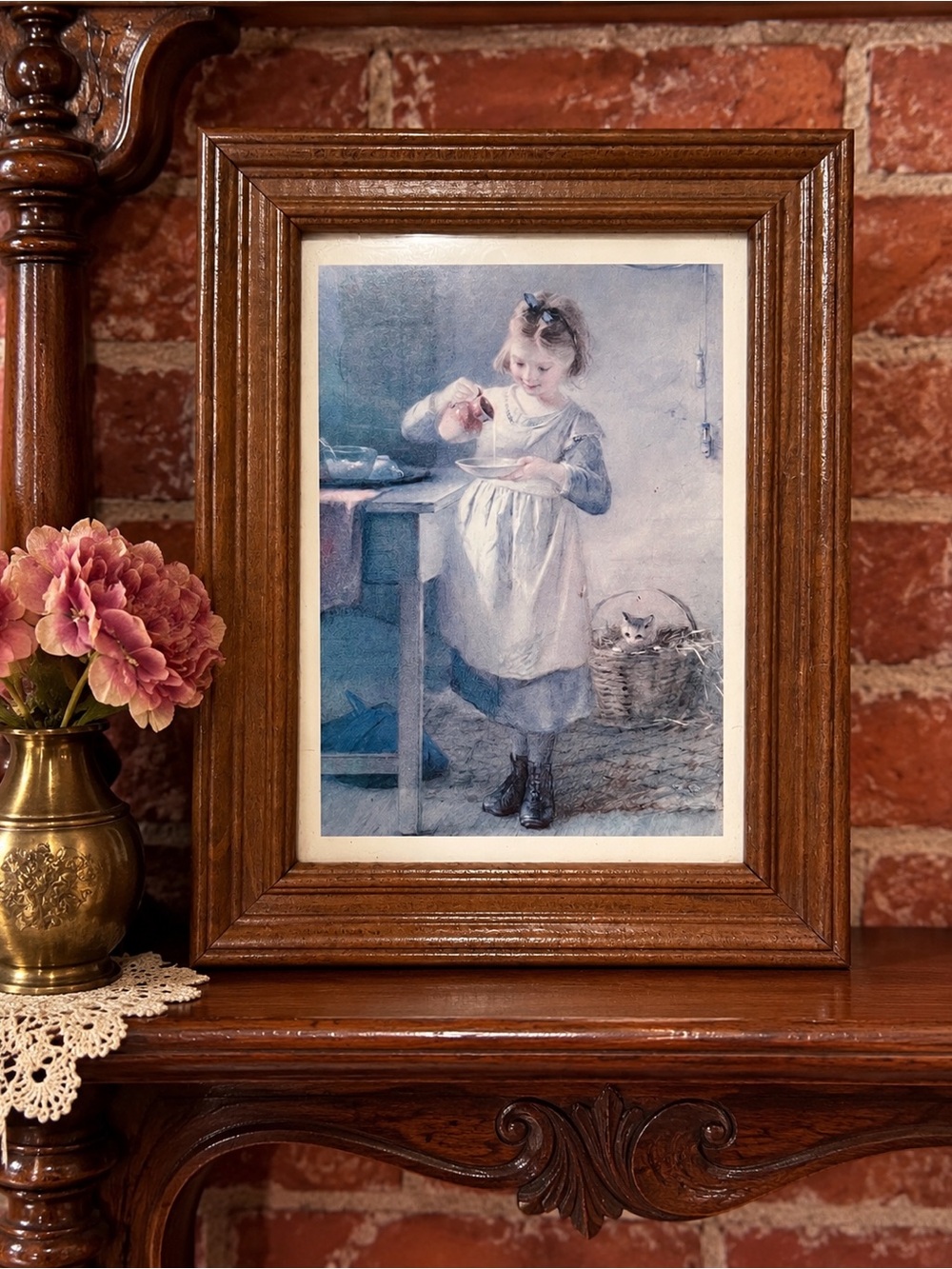 Vintage Victorian Watercolor Art Print "Kitty's Breakfast" by Emily Farmer